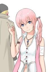  1boy 1girl bandana blonde_hair blue_eyes breasts closed_mouth final_fantasy final_fantasy_xiii gesomaru jewelry long_hair looking_at_viewer necklace pink_hair serah_farron side_ponytail simple_background smile snow_villiers white_background 