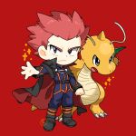  1boy black_cape black_eyes boots bright_pupils cape chibi clenched_hand closed_mouth commentary_request dragonite frown highres jacket kamota_(momokomati) lance_(pokemon) long_sleeves looking_at_viewer male_focus pants pink_hair pokemon pokemon_(creature) pokemon_(game) pokemon_hgss red_background short_hair sparkle spiky_hair standing white_pupils 
