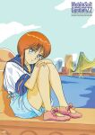  1980s_(style) 1girl blue_eyes city copyright_name day elpeo_puru gundam gundam_zz hands_on_own_knees highres knees_up legs_folded looking_at_viewer non-web_source official_art onda_naoyuki orange_hair outdoors own_hands_together pink_footwear retro_artstyle sailor_collar short_hair short_sleeves shorts sitting solo water 