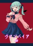  1girl bandaid esoul fangs hair_ornament hatsune_miku highres jewelry long_hair long_sleeves looking_at_viewer mask mask_pull mouth_mask open_mouth red_background shirt simple_background skirt smile solo twintails vampire_(vocaloid) vocaloid 