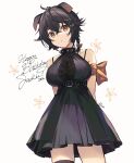  1girl :o alternate_costume animal_ears arknights arm_ribbon arms_behind_back bangs bare_shoulders black_dress black_hair black_legwear bone_hair_ornament bow braid breasts brown_eyes buckle character_name commentary dog_ears dress english_commentary hair_bow hair_ornament hairclip happy_birthday jackie_(arknights) large_breasts looking_at_viewer nagu orange_bow parted_lips ribbon short_hair side_braid signature simple_background single_thighhigh sleeveless sleeveless_dress solo thigh-highs underbust white_background 