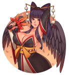  1girl absurdres arm_behind_head arm_up bangs black_hair blunt_bangs blush breasts dead_or_alive detached_sleeves eyebrows_visible_through_hair highres large_breasts lips long_hair looking_at_viewer mole mole_under_mouth nyotengu parted_lips ravenousruss smile solo violet_eyes wings 