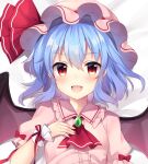  1girl :d absurdres ascot bangs bat_wings blue_hair eyebrows_visible_through_hair fang gradient_eyes hand_on_own_chest hat hat_ribbon highres looking_at_viewer mob_cap multicolored multicolored_eyes open_mouth pink_headwear pink_shirt red_neckwear red_ribbon remilia_scarlet ribbon ruhika shirt short_hair short_sleeves smile solo touhou upper_body white_background wings wrist_cuffs 