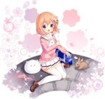  1girl :d animal ark_order artist_request bag bangs blue_bag brown_footwear cherry_blossoms falling_petals flower full_body gochuumon_wa_usagi_desu_ka? hair_flower hair_ornament hairclip holding holding_animal holding_bunny hoto_cocoa jacket loafers long_sleeves medium_hair official_art open_mouth orange_hair petals pink_jacket pleated_skirt rabbit sailor_collar school_bag school_uniform shoes sitting skirt smile solo sparkle stone_floor tachi-e thigh-highs tippy_(gochiusa) transparent_background violet_eyes wariza white_legwear white_sailor_collar white_skirt 