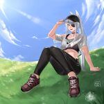  1girl artist_name bangs black_choker black_footwear black_headwear black_pants blue_sky choker clouds cloudy_sky crop_top eyepatch full_body grass hat highres hunyan knees_up long_hair open_mouth original pants shoes short_sleeves sitting sky smile solo very_long_hair white_hair 