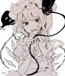  1girl ascot bangs black_nails black_ribbon collar collared_dress crystal dress eyebrows_visible_through_hair flandre_scarlet hair_between_eyes hand_up hat hat_ribbon highres jewelry looking_at_viewer mob_cap mozukuzu_(manukedori) one_side_up open_mouth polearm puffy_short_sleeves puffy_sleeves red_eyes ribbon shirt short_hair short_sleeves simple_background sketch smile solo spear symbol-only_commentary touhou weapon white_background white_dress white_hair white_headwear white_neckwear white_shirt white_sleeves wings 