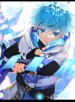  1boy ahoge aqua_hair azna bangs black_bodysuit blue_eyes bodysuit breath chongyun_(genshin_impact) eyebrows_visible_through_hair genshin_impact greatsword highres holding holding_sword holding_weapon hood hood_down ice letterboxed looking_at_viewer male_focus parted_lips snowflakes solo sword talisman twitter_username upper_body vision_(genshin_impact) weapon 