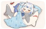  1girl bangs barefoot blue_hair blunt_bangs blush_stickers closed_eyes commentary drooling english_commentary fish_tail frilled_pillow frills gawr_gura hair_ornament highres hololive hololive_english long_hair multicolored_hair open_mouth pillow same_anko shark_tail sharp_teeth shrimp simple_background sleeping solo stuffed_animal stuffed_shark stuffed_toy tail teeth two-tone_hair two_side_up white_hair wide_sleeves 