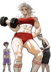  2girls abs absurdres blush breasts dorohedoro earrings gym_shorts highres jewelry large_breasts long_hair looking_at_viewer multiple_girls muscular muscular_female navel noi_(dorohedoro) park_ongjol red_eyes shorts simple_background smile white_hair 