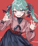  1girl fangs hair_ornament hatsune_miku heart highres jewelry long_hair long_sleeves looking_at_viewer mask mask_pull mouth_mask open_mouth red_background ribbon shirt simple_background skirt smile solo twintails vampire_(vocaloid) zzinbbang 