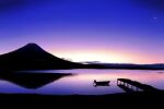  boat clouds commentary_request crescent_moon horizon isaki_(gomi) moon mountain no_humans original pier reflection reflective_water scenery shore sunset water watercraft 