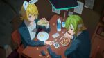  2girls alcohol bandage_on_face bandages blonde_hair blue_eyes blue_jacket bottle bow bowl bullet carton cartridge chair eating expressionless food from_above green_eyes green_hair gumi gun hair_bow headband highres holding holding_food holding_knife holding_spoon indoors jacket kagamine_rin knife lamp matches multiple_girls pill plate poster_(object) sandwich shirt short_hair sidelocks sideways_glance sitting spoon table vocaloid weapon white_bow white_shirt wounds404 
