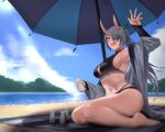  1girl beach bikini black_bikini blue_sky blush clouds cloudy_sky day eyepatch grey_hair hand_up horns hunyan long_hair navel open_mouth original outdoors ponytail reflection sitting skin-covered_horns sky smile solo swimsuit umbrella water wide_shot 