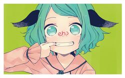  1girl animal_ears bad_id bad_tumblr_id bangs border close-up commentary_request english_text face frilled_sleeves frills green_background green_eyes grin hand_up heart heart_in_eye kanitama_(putyourhead) kasodani_kyouko long_sleeves looking_at_viewer mouth_pull parted_bangs portrait shiny shiny_skin short_hair simple_background smile solo straight-on symbol_in_eye tareme touhou wavy_hair white_border 