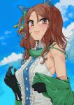  1girl :d animal_ears armpit_crease bangs bare_shoulders black_gloves blue_sky blush breasts brown_hair center_frills clouds collared_shirt day eyebrows_behind_hair frills geppewi gloves green_jacket hair_between_eyes highres horse_ears jacket king_halo_(umamusume) long_hair long_sleeves looking_at_viewer medium_breasts o-ring off_shoulder one_side_up open_clothes open_jacket open_mouth outdoors parted_bangs red_eyes shirt sky sleeveless sleeveless_shirt smile solo umamusume upper_body white_shirt 