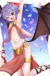  1girl alternate_costume arabian_clothes arm_up armpits bat_wings blush breasts breasts_apart commentary_request confetti emerald_(gemstone) fangs gold_bracelet hair_between_eyes hair_ornament highres jewelry looking_at_viewer navel necklace one_eye_closed open_mouth purple_hair red_eyes remilia_scarlet remitei03 short_hair small_breasts solo sparkle sweat tongue touhou wings 