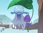  banned_artist branch commentary_request holding holding_leaf leaf nihilego nin_(female) no_humans poipole pokemon pokemon_(creature) rain sitting smile tree ultra_beast water_drop 