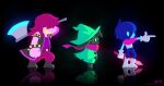  1boy 1girl 1other axe blue_hair blue_skin boots bracelet colored_skin deltarune glasses hair_over_eyes hat heart_buckle highres jewelry kris_(deltarune) over_shoulder pink_scarf purple_hair purple_skin ralsei scarf spiked_armlet spiked_bracelet spikes susie_(deltarune) uno_yuuji vest weapon weapon_over_shoulder wizard_hat yellow_teeth 