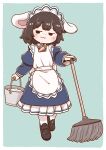  1girl :3 alternate_costume animal_ears apron black_eyes black_hair blue_background bucket carrot_necklace enmaided eyebrows_visible_through_hair floppy_ears hair_between_eyes inaba_tewi long_sleeves maid maid_apron maid_headdress mary_janes mop poronegi rabbit_ears shoes short_hair simple_background socks solo standing touhou 