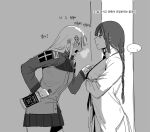  ... 2girls alcohol blush bottle character_request closed_mouth crossed_arms drunk from_side frown girls_frontline greyscale holding holding_bottle huqu jack_daniel&#039;s jacket korean_text long_hair miniskirt monochrome multiple_girls necktie open_mouth pleated_skirt pointing shirt skirt spoken_ellipsis translation_request yuri 