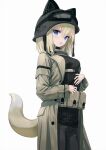  1girl animal_ears animal_helmet belt_pouch black_sweater blonde_hair blue_eyes blush breasts chest_harness coat contrapposto copyright_request cowboy_shot dot_nose fox_ears fox_tail grey_coat grey_pants harness highres long_sleeves looking_at_viewer medium_breasts medium_hair open_clothes open_coat open_mouth pants pouch ribbed_sweater simple_background solo sweater tail wasabi60 white_background 