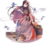  1girl ark_order bird black_dress black_footwear black_hair black_legwear bracelet breasts bridge china_dress chinese_clothes dress earrings egg falling_petals flower hair_flower hair_ornament hair_stick heart jacket jewelry large_breasts long_sleeves looking_at_viewer nest official_art pantyhose petals red_eyes see-through see-through_jacket shoes short_sleeves side_slit sitting smoke solo tachi-e transparent_background you_ni_ge_shaobing zhurong_(ark_order) 