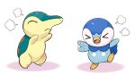  &gt;_&lt; :&lt; closed_eyes closed_mouth commentary_request cyndaquil flapping leg_up no_humans official_art open_mouth piplup pokemon pokemon_(creature) project_pochama standing standing_on_one_leg toes tongue white_background 