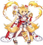  1girl :3 ahoge animal_ears animal_hands ark_order bangs black_skirt blonde_hair bow cape crown fang fire fur-trimmed_cape fur_trim gloves hatoyama_itsuru holding holding_wand leo_(ark_order) lion lion_ears long_hair magical_girl mini_crown official_art pantyhose paw_gloves puffy_short_sleeves puffy_sleeves red_bow red_cape shirt short_sleeves skirt solo sparkle tachi-e transparent_background v-shaped_eyebrows very_long_hair wand white_legwear white_shirt yellow_eyes 