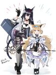  2girls animal_ears arknights black_collar black_footwear black_gloves black_hair blaze_(arknights) blonde_hair blue_dress boots cat_ears collar dress flying_sweatdrops fox_ears fox_tail full_body gloves hairband highres holding holding_staff id_card infection_monitor_(arknights) kitsune kyuubi multicolored_hair multiple_girls multiple_tails pantyhose partially_fingerless_gloves red_hairband shirt staff standing streaked_hair suzuran_(arknights) tail thigh-highs waving white_hair white_legwear white_shirt yakota_(usuk-yako) 