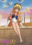  1girl aino_minako bare_legs barefoot bishoujo_senshi_sailor_moon blonde_hair blue_eyes day elbow_gloves gloves legs_together leotard logo long_hair miniskirt orange_neckwear orange_sailor_collar orange_skirt outdoors pleated_skirt sailor_collar sailor_venus sitting skirt smile solo tiara 