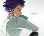  1boy artist_name bangs boku_no_hero_academia earrings from_side grey_background hand_on_own_neck highres jewelry long_sleeves open_mouth pants profile shinsou_hitoshi simple_background solo spiky_hair tonbanlove twitter_username upper_body white_background 