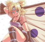  1girl arm_behind_back bangs black_footwear black_gloves black_shorts blonde_hair blurry blurry_background bocodamondo boots cleavage_cutout closed_mouth clothing_cutout fishnets forehead_protector gloves green_eyes hand_fan highres holding holding_fan looking_at_viewer naruto_(series) naruto_shippuuden ninja petals short_sleeves shorts simple_background smile solo temari_(naruto) thighs v-shaped_eyebrows white_background 
