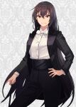  1girl alternate_costume black_coat black_hair black_pants bow buttons closed_mouth coat collared_shirt eyebrows_visible_through_hair hair_between_eyes hand_on_hip highres kantai_collection kasumi_(skchkko) light_smile long_hair long_sleeves looking_at_viewer nagato_(kancolle) open_clothes open_coat pants red_eyes shirt solo white_bow white_shirt 