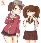  2girls artist_logo black_skirt brown_hair brown_sailor_collar brown_skirt commentary_request cosplay costume_switch cowboy_shot dated japanese_clothes kanon_(kurogane_knights) kantai_collection kariginu leaning_forward long_hair looking_at_viewer multiple_girls one-hour_drawing_challenge pleated_skirt ponytail red_shirt ryuujou_(kancolle) ryuujou_(kancolle)_(cosplay) sailor_collar school_uniform serafuku shaded_face shikinami_(kancolle) shikinami_(kancolle)_(cosplay) shirt short_hair simple_background skirt twintails v visor_cap white_background 