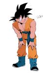 1boy abs ankle_boots bent_over black_eyes black_hair blue_footwear blue_sash blue_wristband boots character_name closed_mouth clothes_writing collarbone dougi dragon_ball dragon_ball_super dragon_ball_z_fukkatsu_no_f facing_viewer fingernails full_body hair_strand hands_on_own_knees kz_(dbz_kz) looking_afar looking_to_the_side male_focus muscular muscular_male obi pectorals sash simple_background smile son_goku spiky_hair standing white_background wristband 