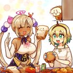  1girl 2girls :d ^_^ amano_pikamee black_hairband blonde_hair breasts burger closed_eyes collarbone colored_inner_hair commentary crossover cup dark-skinned_female dark_skin disposable_cup elbow_gloves english_commentary food french_fries gloves green_eyes green_hair hair_ornament hairband hand_up holding holding_food hololive hololive_english kaniko_(tsukumo_sana) kataro large_breasts limiter_(tsukumo_sana) long_hair looking_at_another mountain_dew multicolored_hair multiple_girls off-shoulder_shirt off_shoulder onion_rings planet_hair_ornament reese&#039;s_cups sandwich sharp_teeth shirt short_hair smile teeth tsukumo_sana tsukumo_sana_(1st_costume) twintails two-tone_hair upper_body very_long_hair virtual_youtuber voms white_gloves white_shirt yatagarasu_(tsukumo_sana) 
