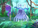 banned_artist commentary_request grass hanging holding jungle leaf nature nihilego nin_(female) no_humans plant poipole pokemon pokemon_(creature) smile standing tree ultra_beast vines 
