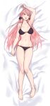  1girl akashi_(kancolle) alternate_costume arm_up armpits bare_arms bare_legs bare_shoulders barefoot bikini black_bikini blush breasts commentary_request from_above full_body green_eyes hair_ribbon highres kantai_collection long_hair looking_at_viewer lying navel o-ring o-ring_bikini o-ring_bottom on_back open_mouth pink_hair ribbon skindentation smile solo string_bikini swimsuit tress_ribbon yuuji_(and) 
