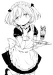  1girl ahoge apron atage back_bow blush bow child cowboy_shot fingernails greyscale hand_up holding holding_tray maid maid_headdress monochrome original parfait parted_lips puffy_short_sleeves puffy_sleeves rolling_eyes shoes short_sleeves simple_background solo standing standing_on_one_leg tray two_side_up white_background wrist_cuffs 
