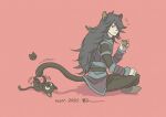 2boys absurdres animal_ears black_cat black_hair black_tail cat cup dated fengxi_(the_legend_of_luoxiaohei) hand_up highres holding holding_cup long_hair long_sleeves luoxiaohei mugi-co multiple_boys pink_background shadow simple_background smile the_legend_of_luo_xiaohei 