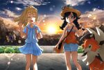  2girls :d backpack bag bangs banned_artist blonde_hair blunt_bangs blush braid closed_eyes closed_mouth clouds commentary_request cosmoem day eyelashes french_braid hand_up high_ponytail holding holding_poke_ball holding_strap legendary_pokemon lens_flare lillie_(pokemon) long_hair lycanroc lycanroc_(dusk) multiple_girls nin_(female) open_mouth outdoors pleated_skirt poke_ball pokemon pokemon_(creature) pokemon_(game) pokemon_usum selene_(pokemon) shirt short_shorts short_sleeves shorts shoulder_bag skirt sky sleeveless sleeveless_shirt smile standing swept_bangs twin_braids white_shirt white_shorts white_skirt 