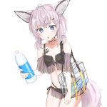  1girl :o animal_ear_fluff animal_ears arknights bag bangs bare_shoulders bikini black_bikini blue_eyes bottle cowboy_shot eyebrows_visible_through_hair fox_ears fox_tail hair_ornament hairclip highres holding holding_bottle looking_at_viewer maiq06 navel off-shoulder_bikini off_shoulder official_alternate_costume oripathy_lesion_(arknights) see-through short_hair shoulder_bag solo stomach sussurro_(arknights) sussurro_(summer_flowers)_(arknights) swimsuit tail 