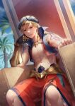  1boy arabian_clothes bangs blonde_hair clouds day earrings fate/grand_order fate_(series) gilgamesh_(caster)_(fate) gilgamesh_(fate) gold_armor hand_on_own_cheek hand_on_own_face head_rest jewelry looking_at_viewer male_focus navel outdoors red_eyes shin716 short_hair shoulder_tattoo sitting sky smile solo tattoo teeth throne toned toned_male 