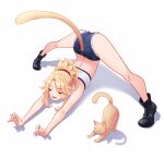 1girl :3 ass bandeau black_footwear blonde_hair blush boots cat cat_stretch cat_tail closed_eyes denim denim_shorts fate/grand_order fate_(series) highres jack-o&#039;_challenge long_hair mordred_(fate) mordred_(fate/apocrypha) pankeiki red_scrunchie scrunchie shadow short_shorts shorts solo spread_legs stretch tail whiskers 