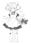  1girl apron atage bell bow bright_pupils cat_tail closed_mouth dejiko di_gi_charat greyscale hair_bell hair_ornament hands_up hat jingle_bell looking_at_viewer maid maid_apron monochrome neck_bell paw_boots puffy_short_sleeves puffy_sleeves short_sleeves simple_background smile solo tail tail_bow tail_ornament white_background white_pupils 