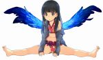  1girl amagami ayatsuji_tsukasa bare_legs barefoot bikini black_eyes black_hair blue_wings character_request check_character check_copyright child copyright_request full_body grey_jacket jacket long_sleeves looking_at_viewer navel off_shoulder parted_lips red_bikini santa_(sunflower) simple_background solo split spread_wings swimsuit white_background wide-eyed wings 