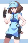  1girl :o ace_trainer_(pokemon) bangs banned_artist bare_arms bike_shorts blue_headwear breasts brown_eyes brown_gloves brown_hair commentary_request cowboy_shot fingerless_gloves gloves hand_up highres holding holding_poke_ball looking_at_viewer medium_hair nin_(female) open_mouth poke_ball pokemon pokemon_(game) pokemon_sm solo tongue ultra_ball visor_cap zipper_pull_tab 