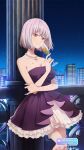  1girl absurdres against_wall bare_shoulders bow bow_dress breasts champagne_flute collar cup dress drinking_glass eyebrows_visible_through_hair feet_out_of_frame game_cg gridman_universe highres holding holding_cup large_breasts night official_art pink_hair purple_bow purple_dress red_eyes shinjou_akane short_hair sky solo ssss.gridman star_(sky) starry_sky 