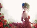  1girl alternate_costume alternate_hairstyle backless_dress backless_outfit bare_shoulders blue_flower blue_rose blurry blurry_foreground blush breasts choker depth_of_field dress elbow_gloves eyebrows_visible_through_hair eyelashes flower frilled_dress frills gloves green_hair hair_flower hair_ornament hair_up kazami_yuuka light_particles looking_at_viewer looking_back medium_breasts neck_ribbon red_dress red_eyes red_flower red_gloves red_ribbon red_rose ribbon rose rose_bush shiny shiny_hair shironeko_yuuki short_hair sidelighting sidelocks smile solo touhou 