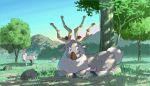 commentary_request day grass illustration_room_nagi looking_to_the_side lying on_stomach outdoors pokemon rock shade sky tree wyrdeer 